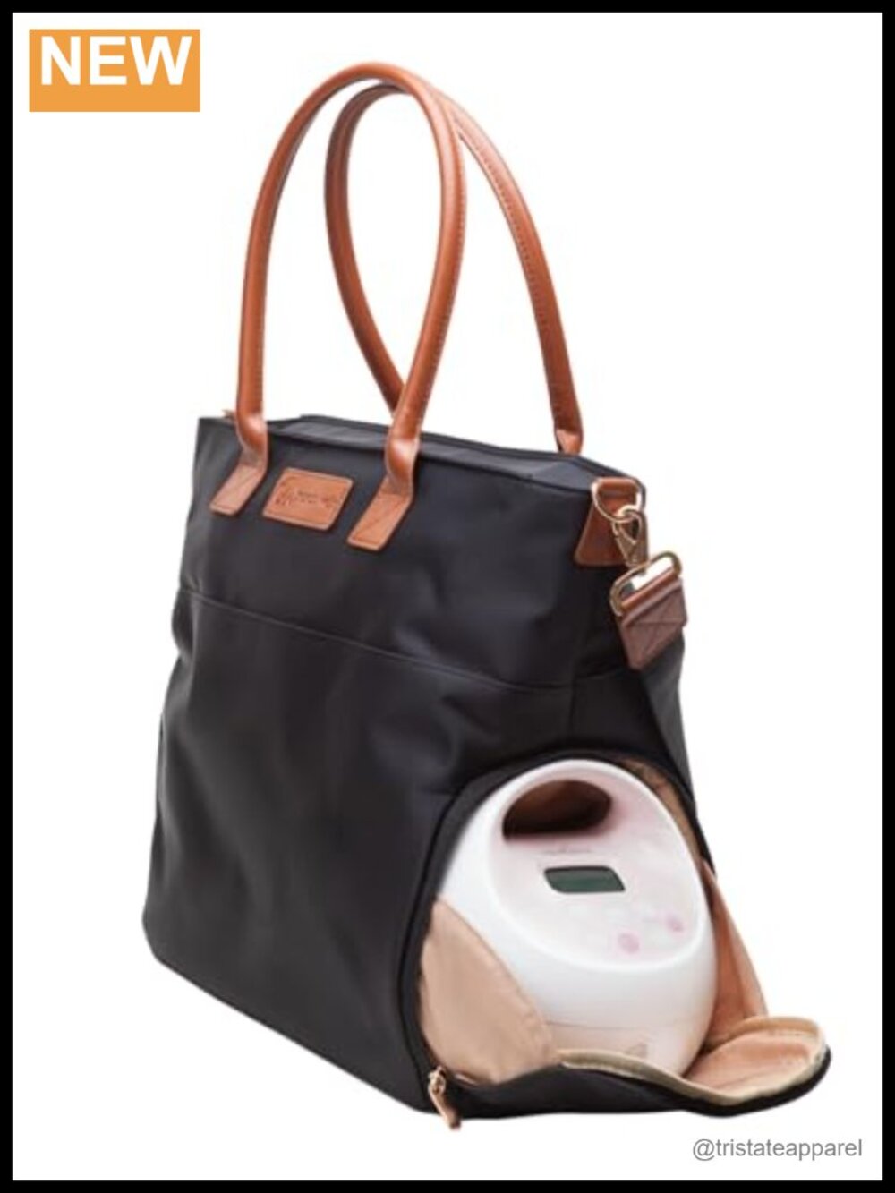 Breast Pump Tote with Real Leather Straps – Insulated Pockets, Laptop Storage,